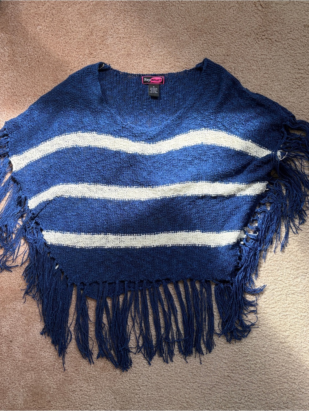 y2k say what poncho navy striped fringe boho knit